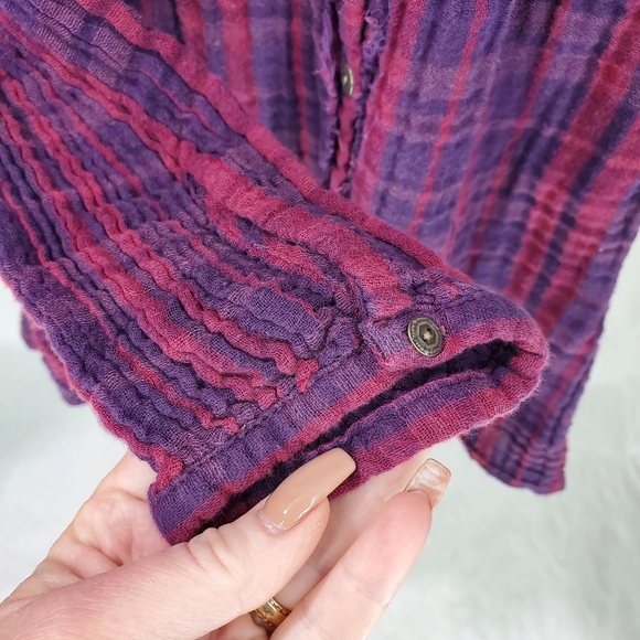 Free People Whistle While You Work Gauzy Purple Plaid Tiered Button Up Tunic Top - Picture 11 of 15